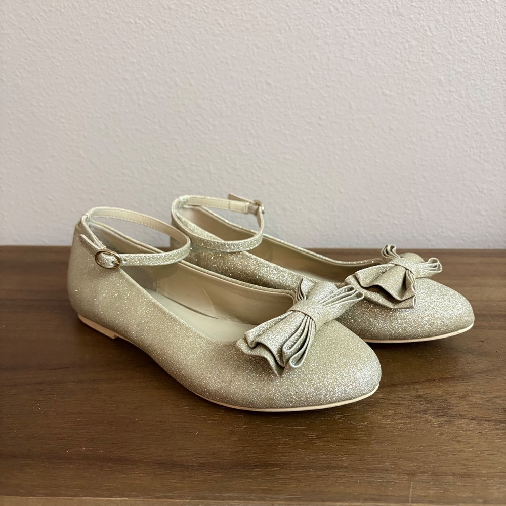 Janie and Jack Gold Glitter Ankle Strap Ballet Flats Size 2Y Sparkle Party Shoes